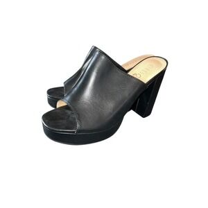ROUGE Black Leather Open Toe Platform Chunky Heel Mules Women Size 9